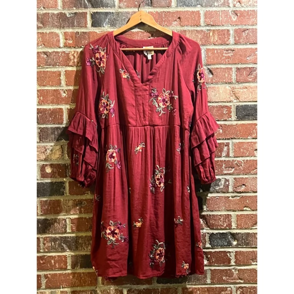 Embroidered Burgundy‎ Ruffle Sleeve Dress